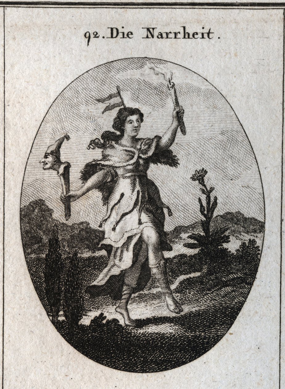 Allegory of madness. the bear skin coat desires madness that carries anger, the action of dancing emphasizes those who wear to gaiete. The vane on his head marks the instability of fantasies. It contrasts the light of a candle with the light rays of the su av Austrian School