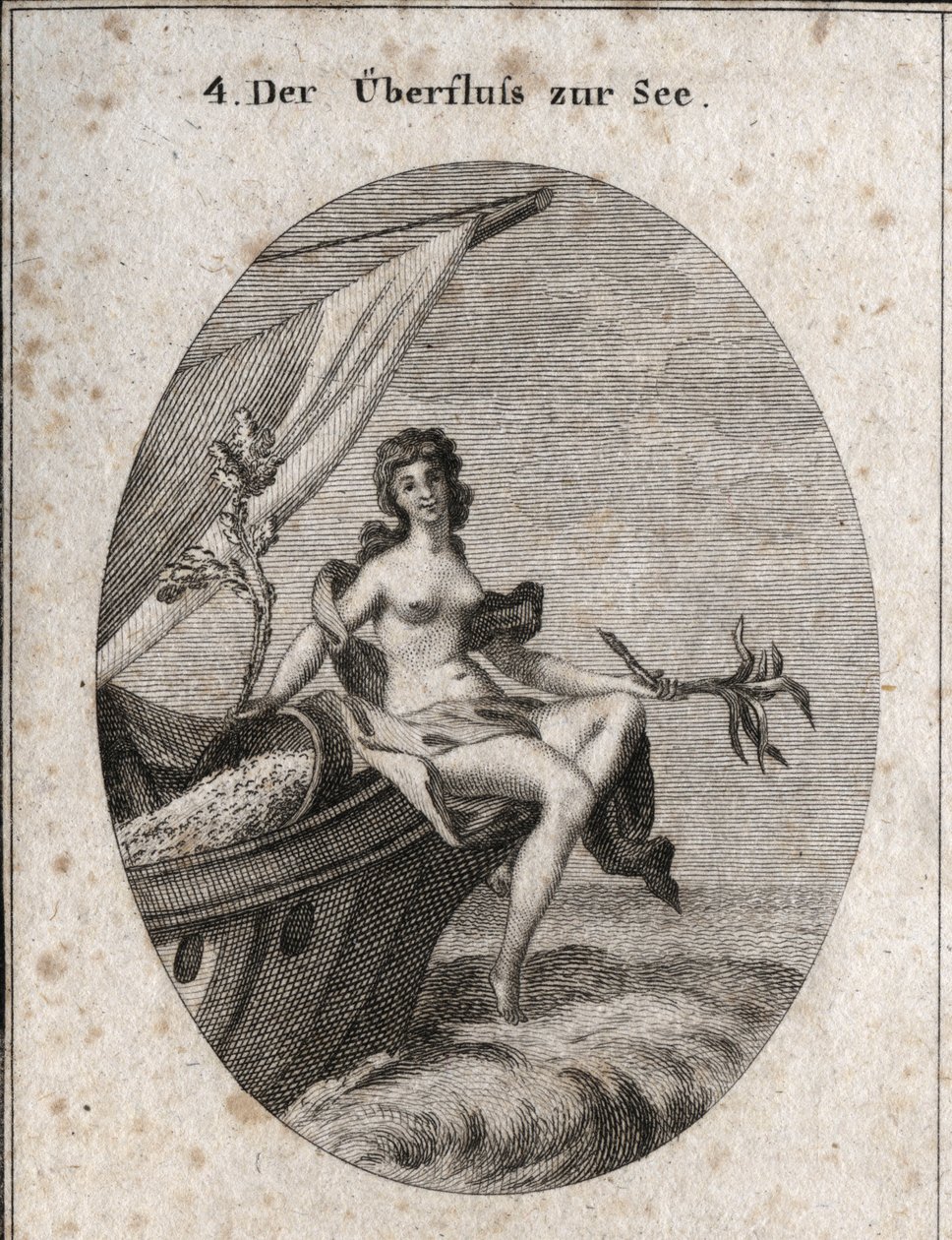 Allegory of maritime abundance represented by Ceres sitting on the bow of a ship. She holds a bouquet of hemp, a branch of knee on which silk worm cocoons are attached. It