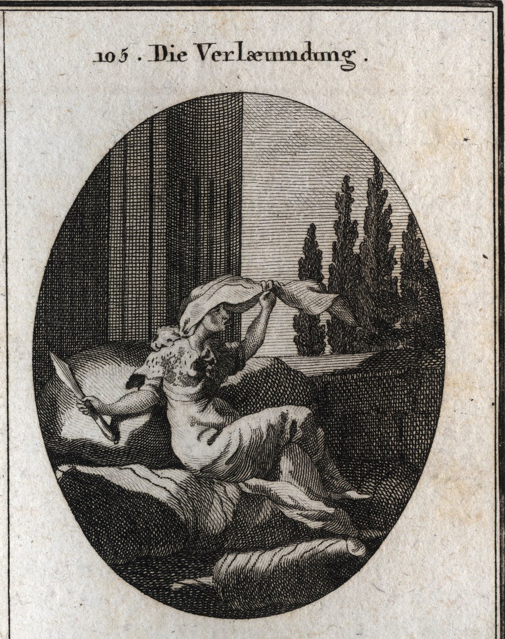 Allegory of medisance represented by an idle and soft old woman sitting on cushions. The veil indicates that she is hiding, her tongue is forked and she holds a 2-edged knife. Its small coat is made of herisson skin trimmed with iron tips. Engraving in “”  av Austrian School