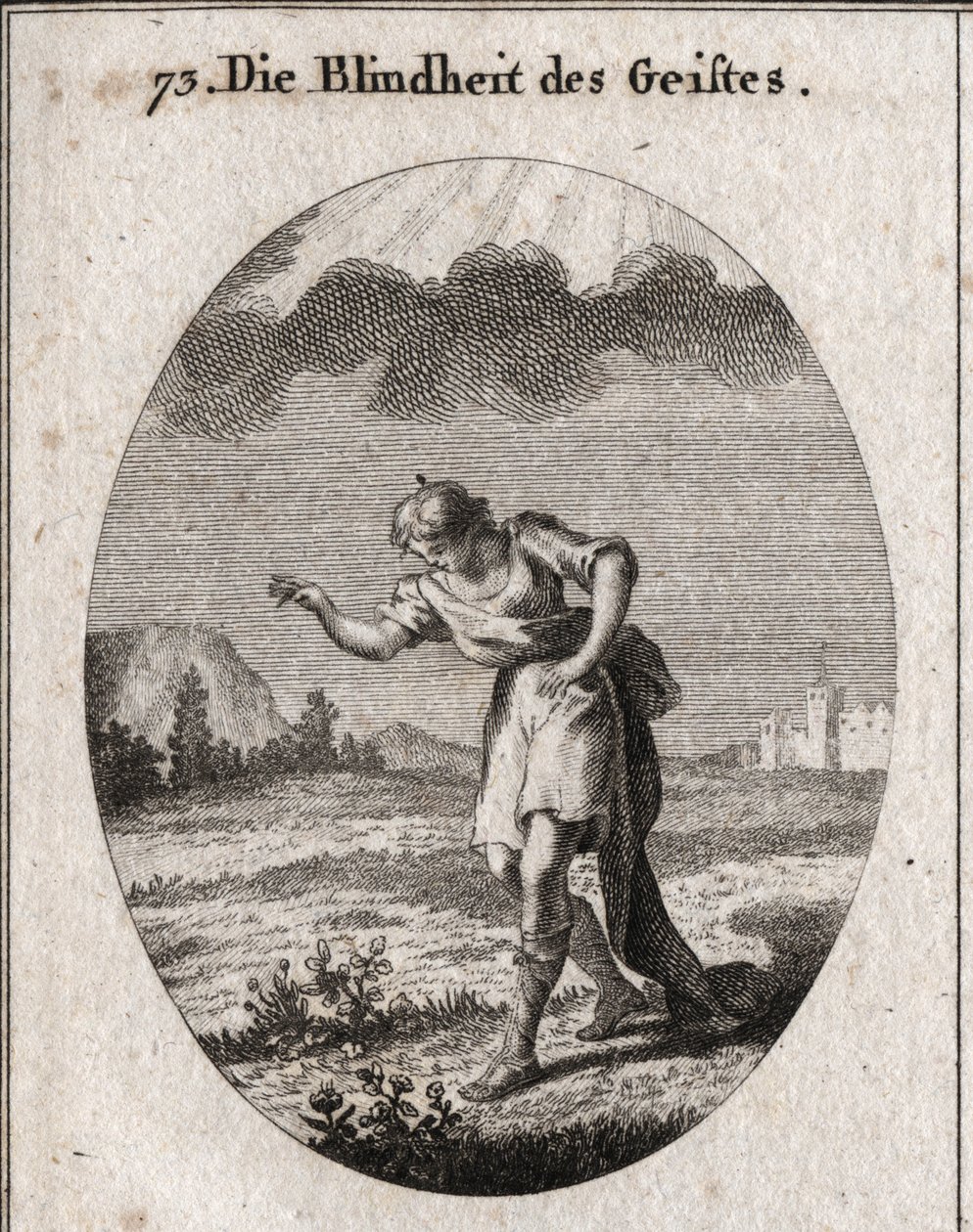 Allegory of mind blindness. A young man looks at the flowers in a meadow alluding to the delights of the earth that replenish the soul and occupy it without any profit. A cloud stops the light from punching his mind. Engraving in “” Iconologie oder Ideen a av Austrian School