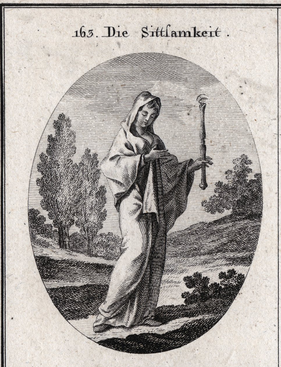 Allegory of modesty. She holds a sceptre above which is an eye that means that modesty must be far-sighted about itself. Engraving in “” Iconologie oder Ideen aus dem Gebiete der Leidenschaften und Allegorien bildich dargestellt fur Zeichner, Mahler, Dicht av Austrian School