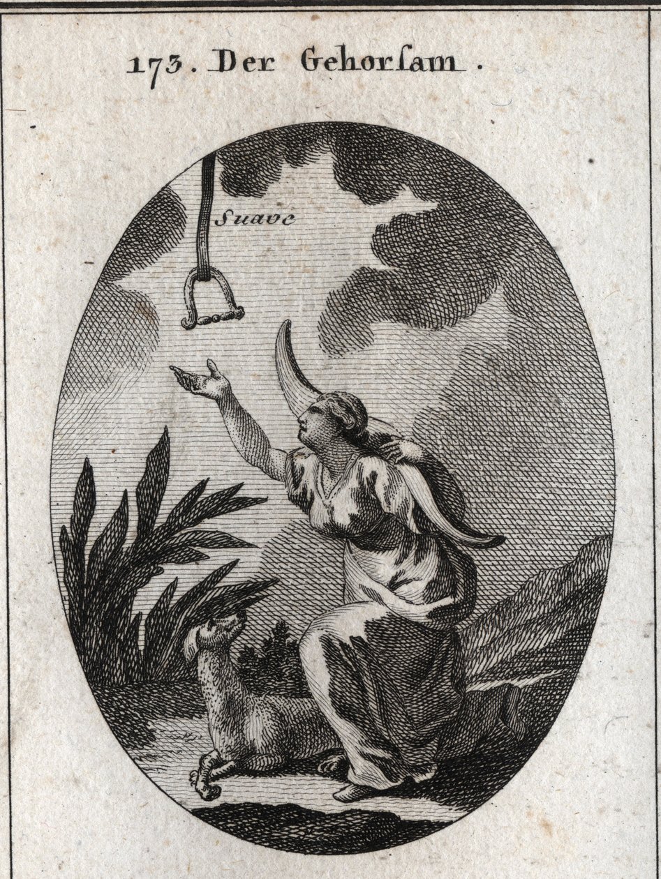 Allegory of obedience. She holds a yoke on her shoulders and moves forward to receive a brake that descends from the open sky in which the word “soft”” is read. The dog is his attribute. Engraving in “” Iconologie oder Ideen aus dem Gebiete der Leidenschaf av Austrian School