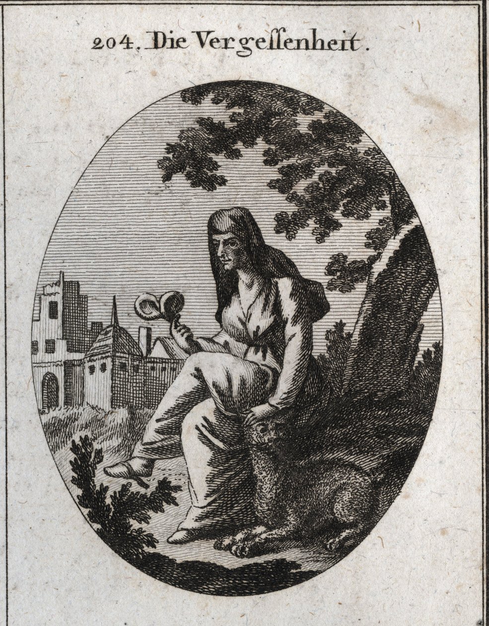 Allegory of oblivion. She holds a mandrake plant, powerful narcotic. The lynx is the animal dedicated to Bacchus. Engraving in “” Iconologie oder Ideen aus dem Gebiete der Leidenschaften und Allegorien bildich dargestellt fur Zeichner, Mahler, Dichter, Gel av Austrian School