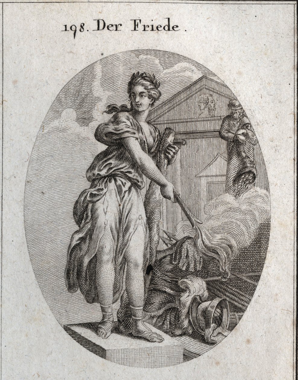 Allegori om fred. Hun bærer en krans av oliventrær og holder en kølle mens hun brenner en trofee med våpen med en fakkel. Bak den betyr statuen av Plutus at overflod og rikdom er dens fordeler. Gravering i "" Iconologie oder Ideen aus dem Gebiete av Austrian School