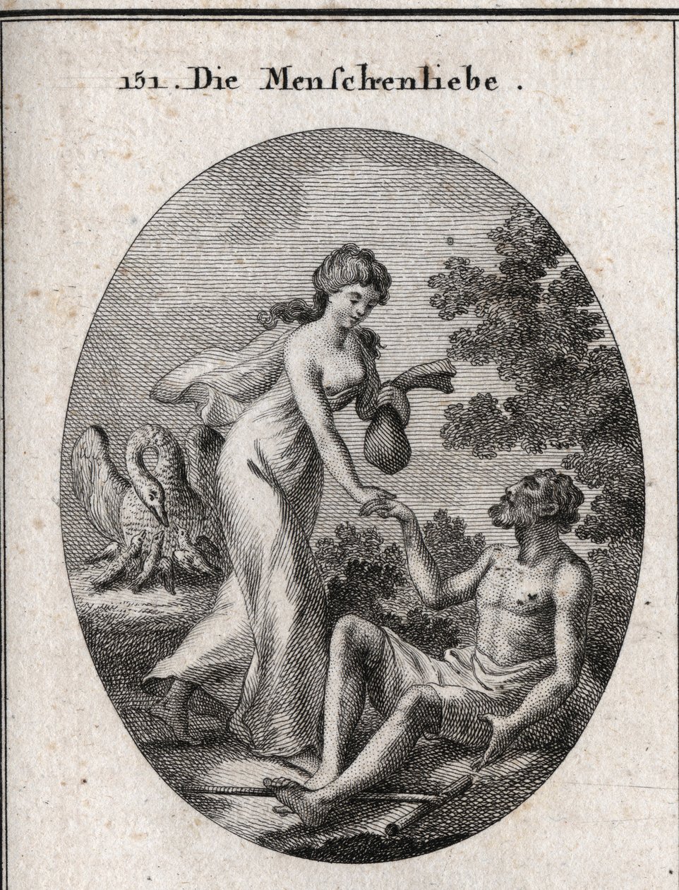 Allegory of philanthropy. She holds a scholarship and comes to rescue a poor man to whom she reaches out. His attribute is a pelican that opens his breast to feed his young. Engraving in “” Iconologie oder Ideen aus dem Gebiete der Leidenschaften und Alleg av Austrian School