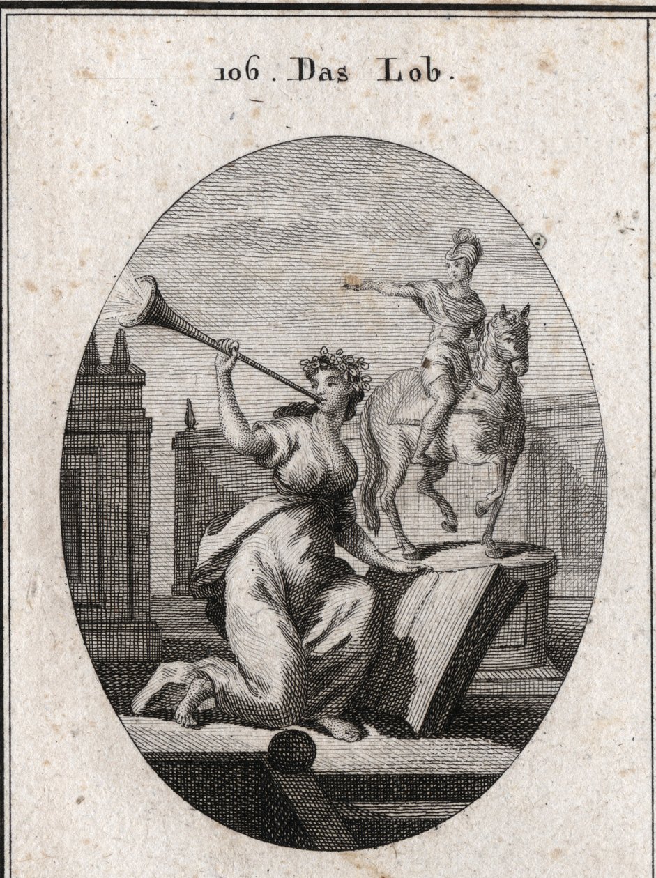 Allegory of praise holding a book to show that it passes posterite through the help of scriptures. It sounds a trumpet from which the glare of rename comes out. The equestrian statue is there for the praise of heros. Engraving in “” Iconologie oder Ideen a av Austrian School