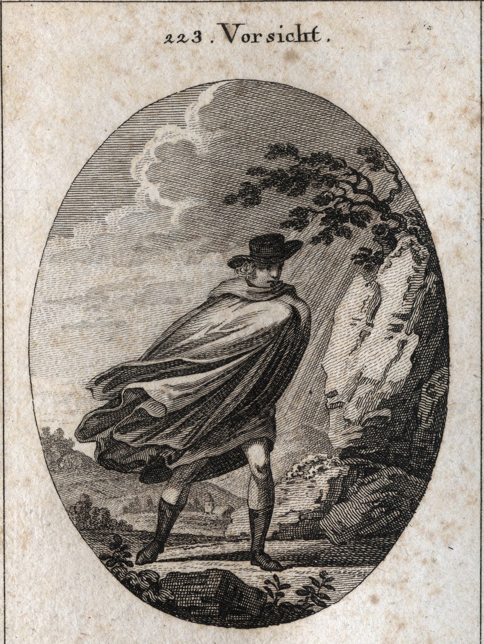 Allegory of providence. Expression: When the weather is nice, take your coat, when it rains, take it, if you want. Engraving in “” Iconologie oder Ideen aus dem Gebiete der Leidenschaften und Allegorien bildich dargestellt fur Zeichner, Mahler, Dichter, Ge av Austrian School