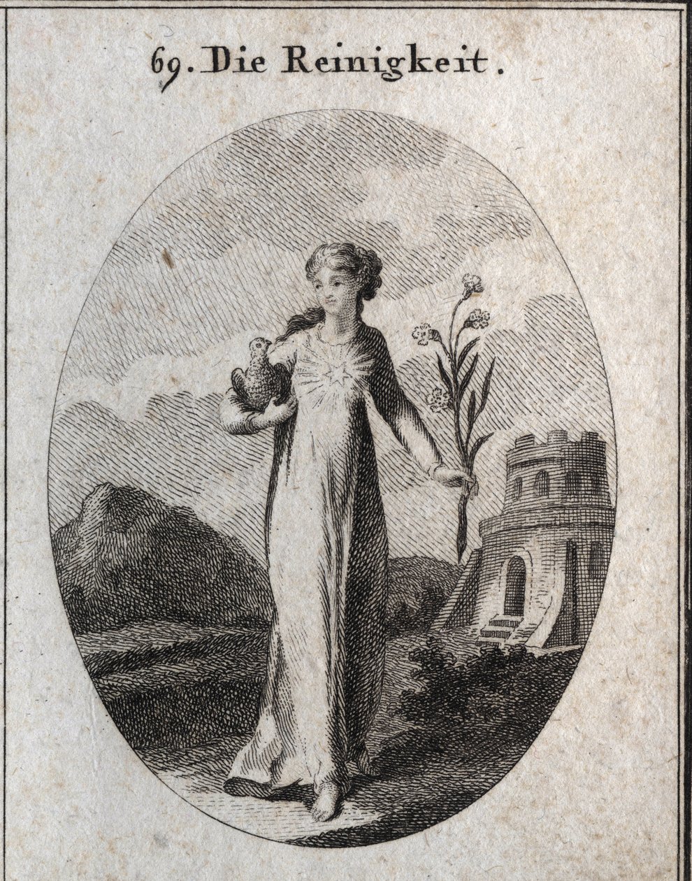 Allegory of purete. His attributes are the dove and the lily, symbols of candor. Engraving in “” Iconologie oder Ideen aus dem Gebiete der Leidenschaften und Allegorien bildich dargestellt fur Zeichner, Mahler, Dichter, Gelehrte, Erzieher und freunde Hoher av Austrian School