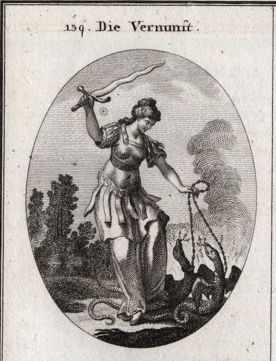 Allegory of reason, she holds a flamboyant sword from which she threatens the vices represented by snakes that she holds chains. Engraving in “” Iconologie oder Ideen aus dem Gebiete der Leidenschaften und Allegorien bildich dargestellt fur Zeichner, Mahle av Austrian School