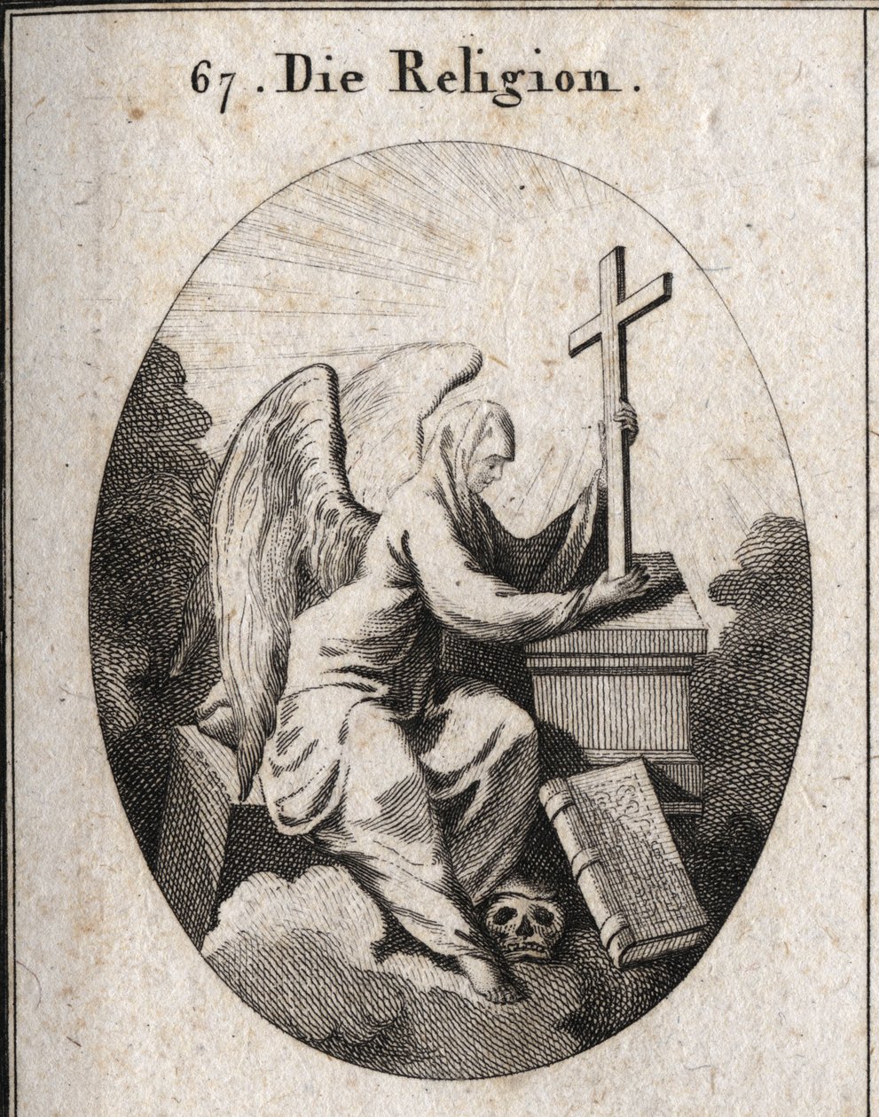 Allegori om religion. Et hvitt slør dekker hodet hans for å indikere at mysterier er ugjennomtrengelige. Hun sitter på en hjørnestein og holder et strålende kors på et alter som er nederst i boken med de 4 evangeliene. Foten hans på dødens hode markerer tr av Austrian School