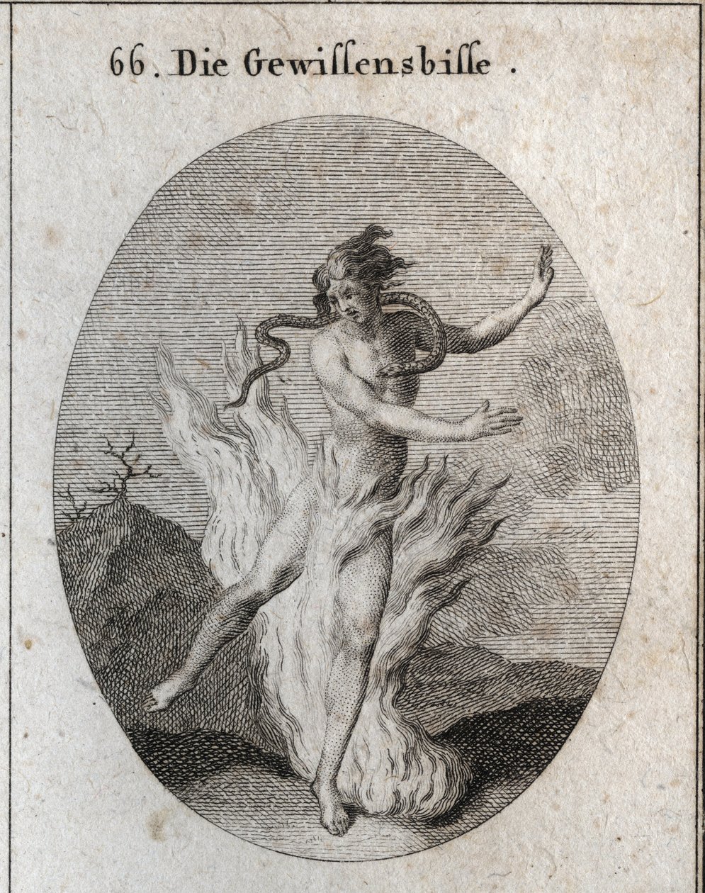 Allegory of remorse surrounded by burning flames with a snake that steals his heart. Engraving in “” Iconologie oder Ideen aus dem Gebiete der Leidenschaften und Allegorien bildich dargestellt fur Zeichner, Mahler, Dichter, Gelehrte, Erzieher und freunde H av Austrian School