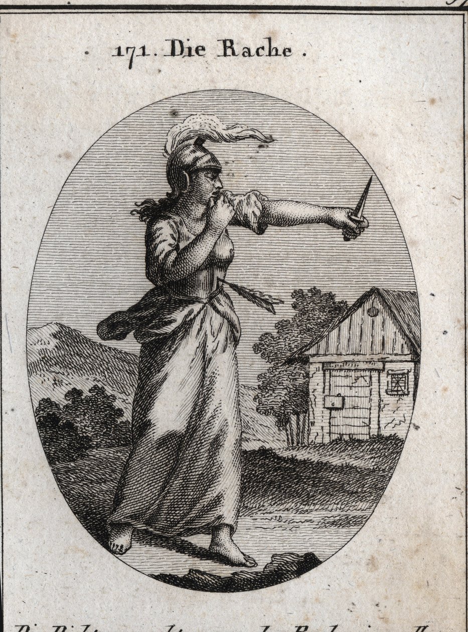 Allegory of revenge with a breastplate and a helmet on which a flame shines. She bits her finger and looks at a dagger. The arrow that pierces her means that revenge takes place only after an offense received. Engraving in “” Iconologie oder Ideen aus dem  av Austrian School