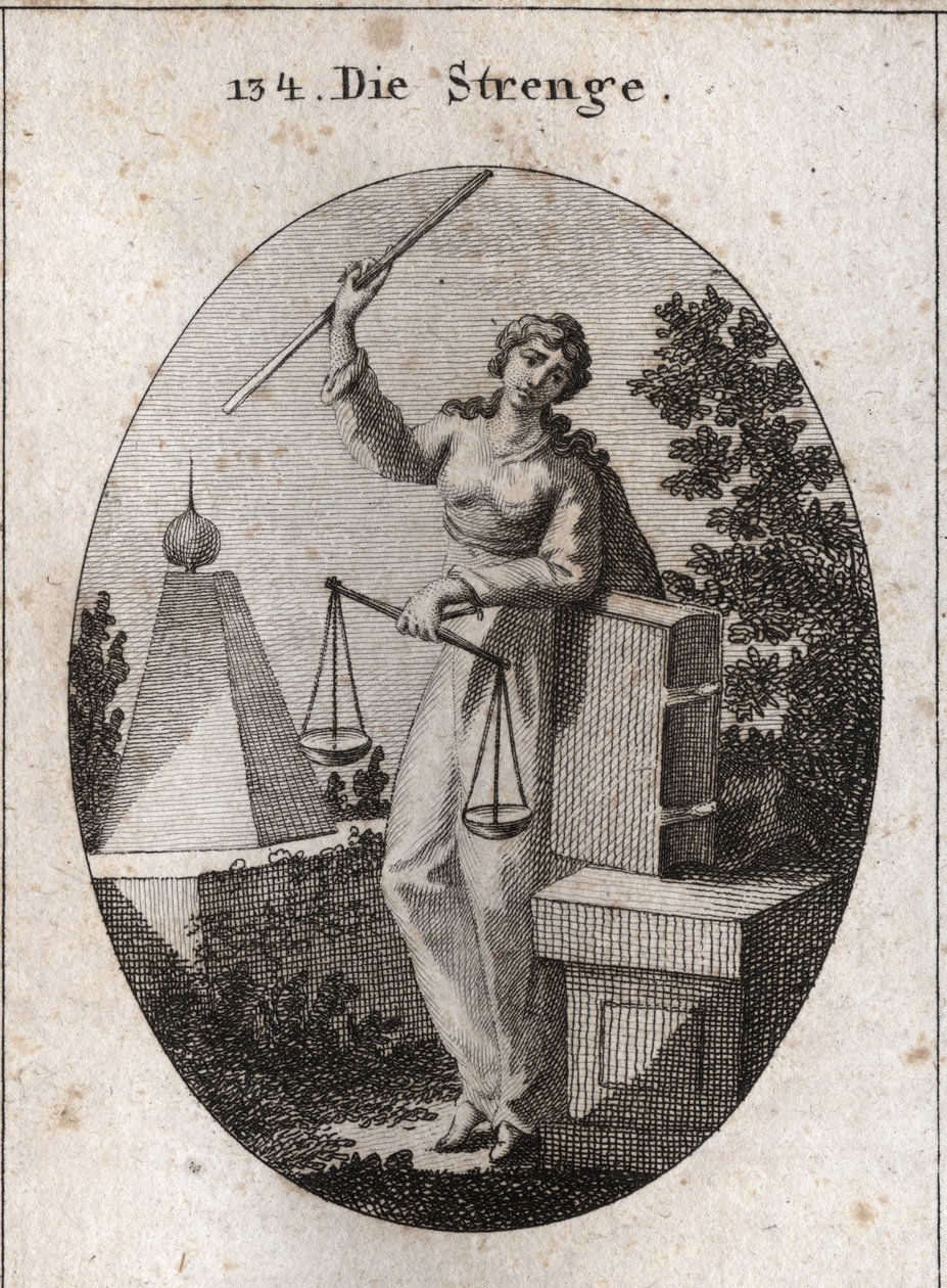 Allegory of rigor represents under a ferocity aspect holding with the right hand a rod of high iron and relying from the left on the book of laws. It has in the same hand a balance, one of which prevails over the other. Engraving in “” Iconologie oder Idee av Austrian School