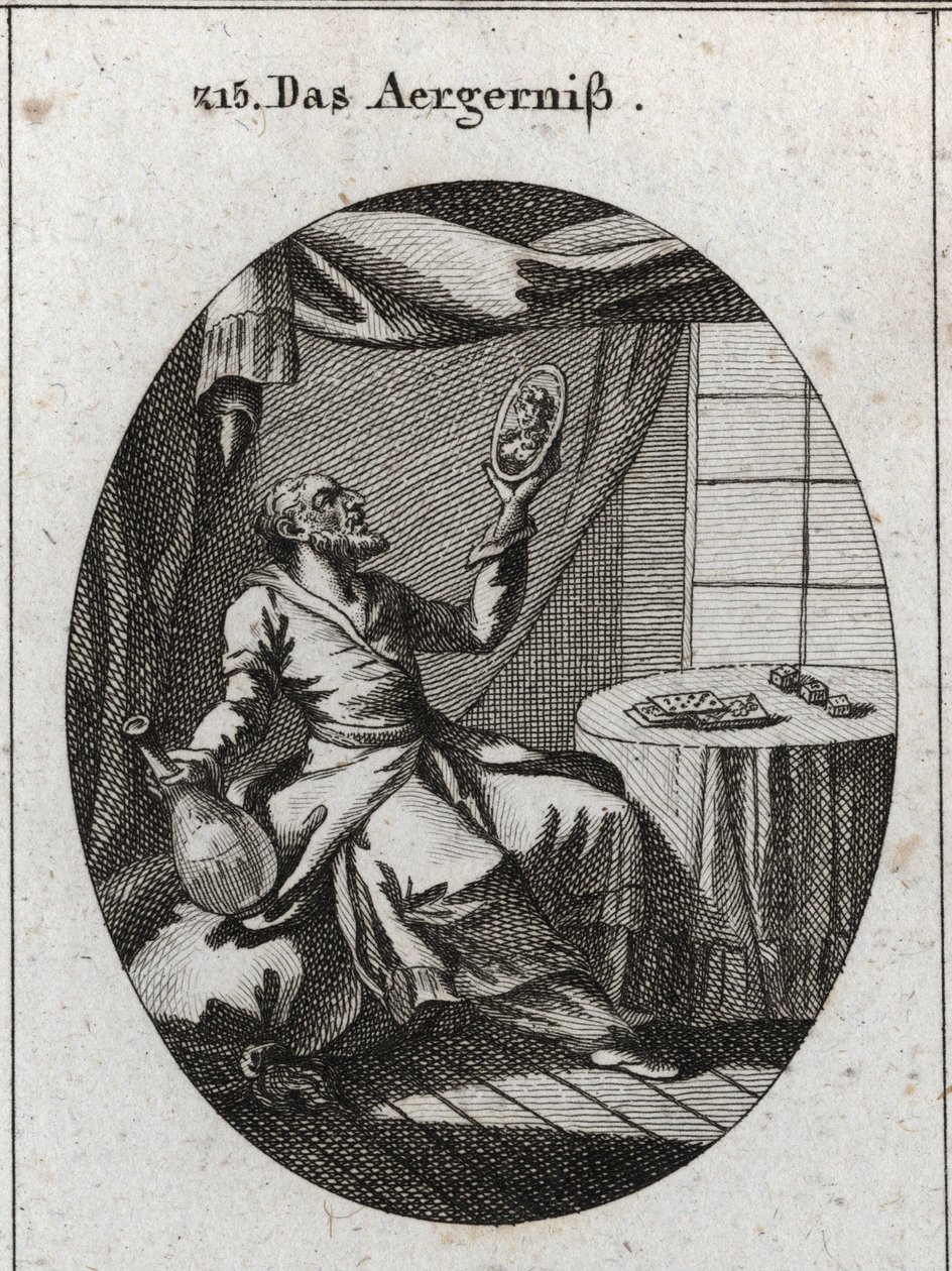 Allegory of scandal. He holds with one hand a bottle and on the other a portrait of a young woman and near a table on which are playing cards and games. Engraving in “” Iconologie oder Ideen aus dem Gebiete der Leidenschaften und Allegorien bildich dargest av Austrian School