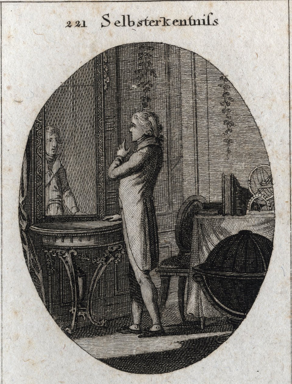 Allegory of self-knowledge. A young man faces a mirror. Engraving in “” Iconologie oder Ideen aus dem Gebiete der Leidenschaften und Allegorien bildich dargestellt fur Zeichner, Mahler, Dichter, Gelehrte, Erzieher und freunde Hoherer Geschmacksbildung” (Ic av Austrian School