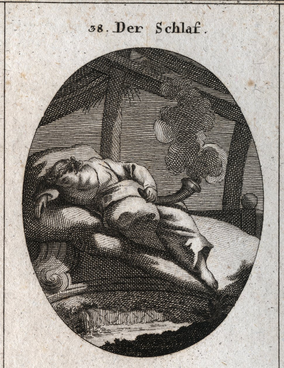 Allegory of sleeping on a bed of ebene near which a stream flows. He holds a black and polished cone from where comes a steam that means dreams. Engraving in “” Iconologie oder Ideen aus dem Gebiete der Leidenschaften und Allegorien bildich dargestellt fur av Austrian School