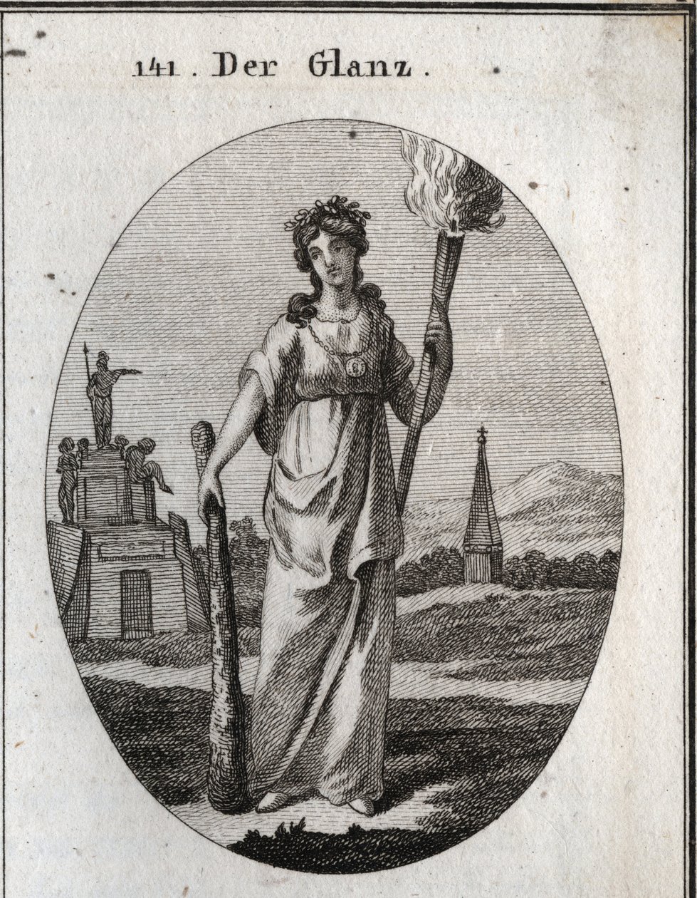 Allegory of splendor. The club on which it relies is the symbol of virtues. The chain and the gold medal are the reward. The light torch is light to beautiful deeds. Engraving in “” Iconologie oder Ideen aus dem Gebiete der Leidenschaften und Allegorien bi av Austrian School