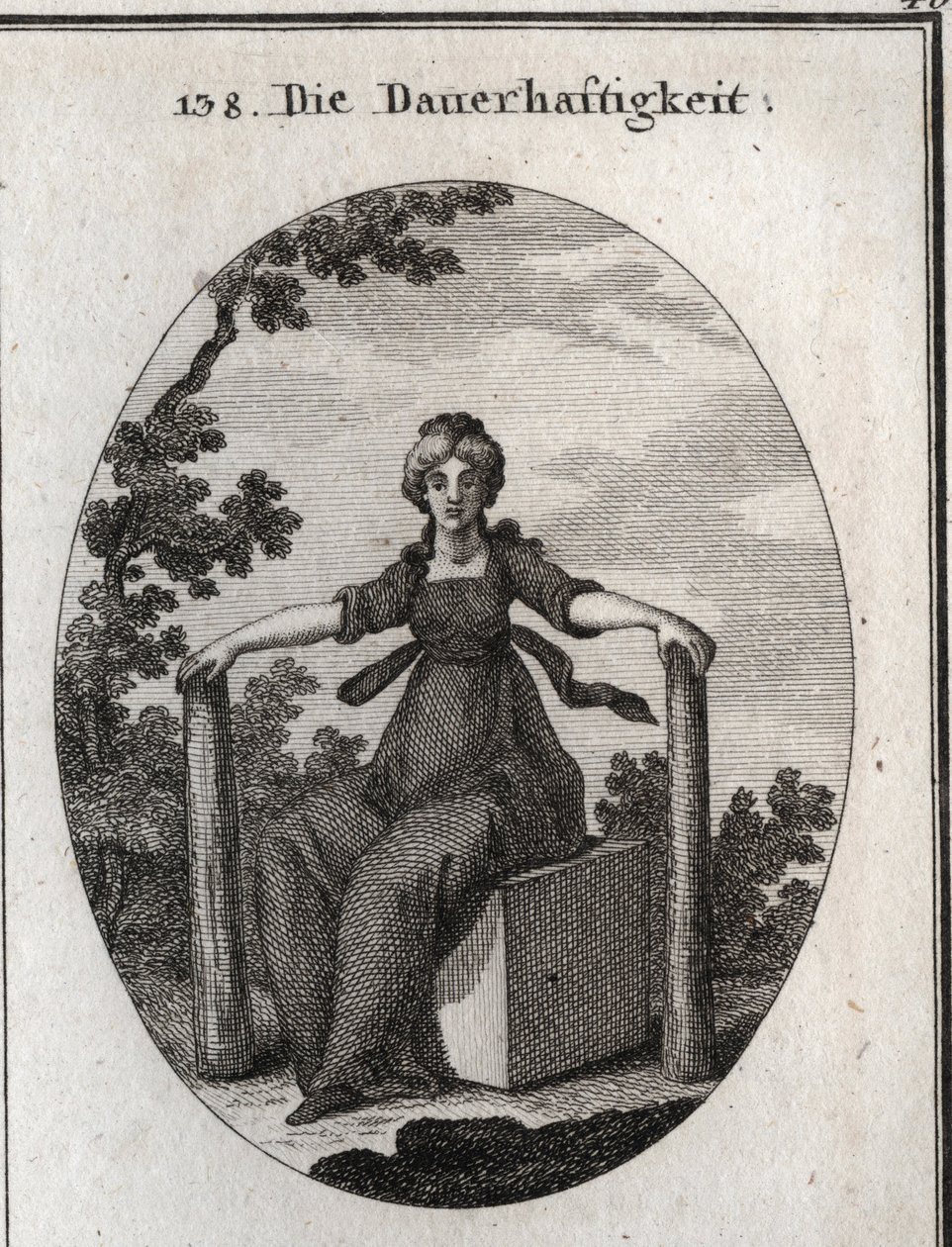 Allegory of stability sitting on a marble cube with two piles plumb plants in the earth. Engraving in “” Iconologie oder Ideen aus dem Gebiete der Leidenschaften und Allegorien bildich dargestellt fur Zeichner, Mahler, Dichter, Gelehrte, Erzieher und freun av Austrian School
