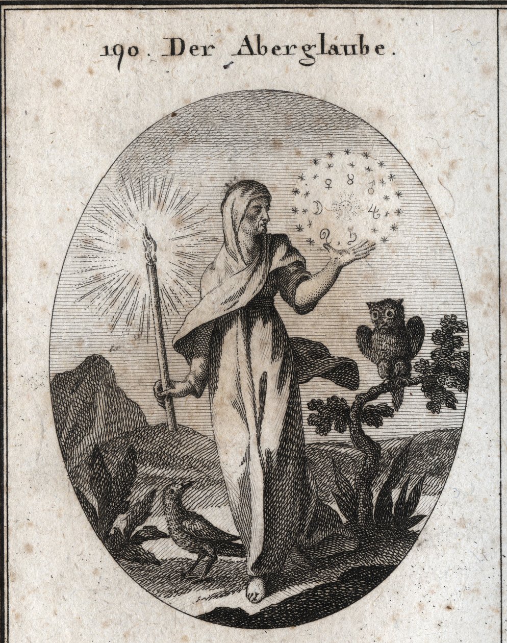 Allegori om overtro. Hun holder et stearinlys og en sirkel av stjerner som omgir tegnene til de syv planetene som hun anser for å være engstelige. Dens attributter er uglen og kråken. Gravering i "" Iconologie oder Ideen aus dem Gebiete der Lei av Austrian School