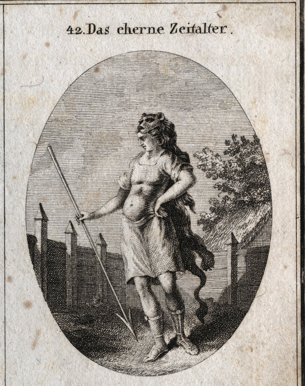 Allegory of the Copper Age representerer som en vaktpost nær et gjerde i en stolt holdningsvåpen av et korselett og et spyd og hette av en løveskinn. Gravering i "" ikonologi eller ideer fra feltet lidenskaper og allegorier billedlig avbildet fu av Austrian School