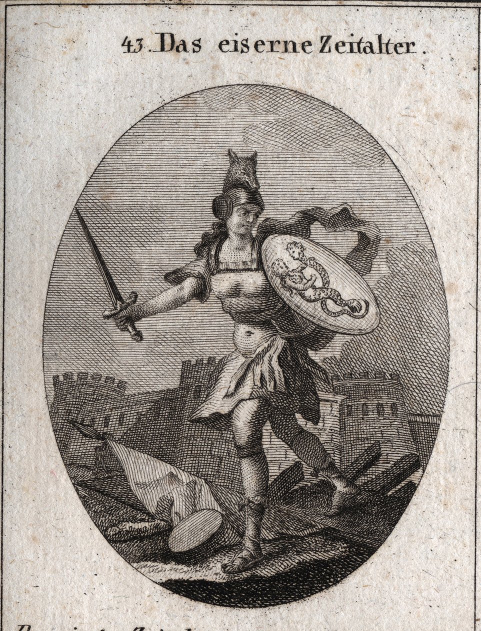 Allegory of the Iron Age that is characterized by violence, bad faith and treason. Of feroce appearance, she is armed with a helmet in the head of a wolf, holds a sword and a shield where fraud and vice are represented (siren and snake with human faces). E av Austrian School