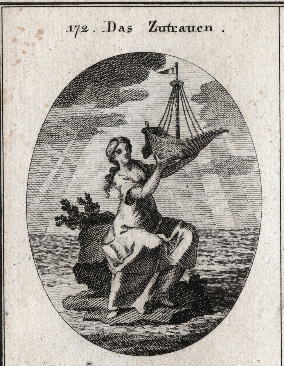 Allegory of the confidence represented by a woman sitting on a place in the middle of the sea and holding in her hand a ship she raised. Engraving in “” Iconologie oder Ideen aus dem Gebiete der Leidenschaften und Allegorien bildich dargestellt fur Zeichne av Austrian School