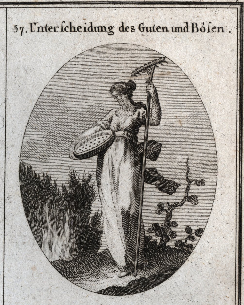 Allegory of the distinction between good and bad. The sieve separates the good grain from the chaff and the rake is used to remove weeds. Engraving in “” Iconologie oder Ideen aus dem Gebiete der Leidenschaften und Allegorien bildich dargestellt fur Zeichn av Austrian School