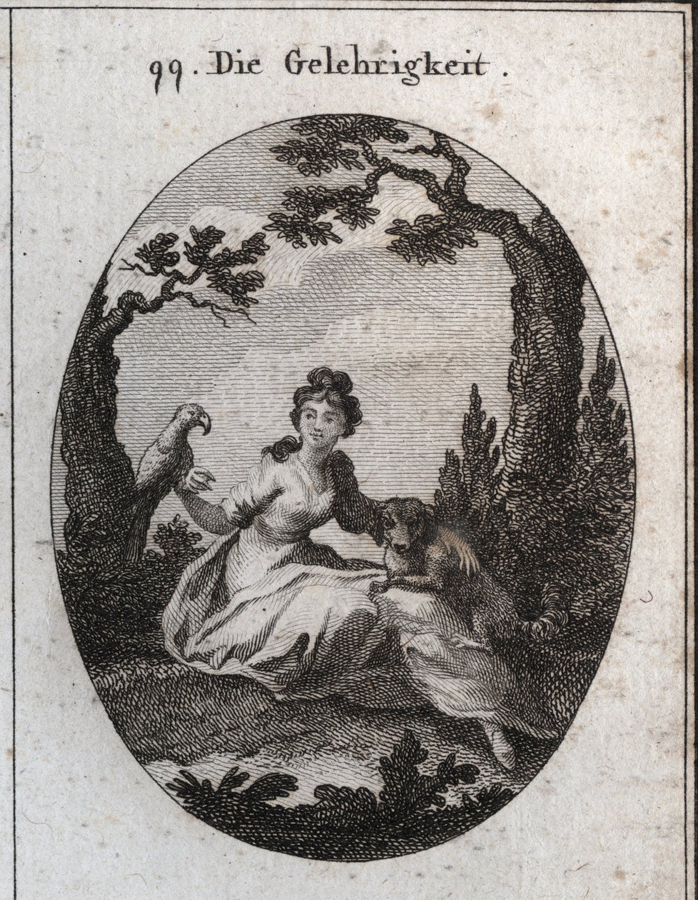 Allegory of the docilite. His attributes are the parakeet and the little dog because of their obedience and desire to please. Engraving in “” Iconologie oder Ideen aus dem Gebiete der Leidenschaften und Allegorien bildich dargestellt fur Zeichner, Mahler,  av Austrian School
