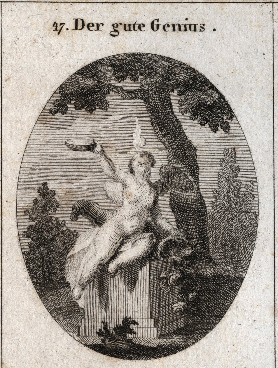 Allegori om den gunstige ånden under figuren til en barnevinge med en liten flamme på hodet, sittende på et alter i skyggen av et platantre. Overflodens horn betyr at det fyller mennesker og hans tjenester. Faren er et symbol på religiøse følelser. E av Austrian School