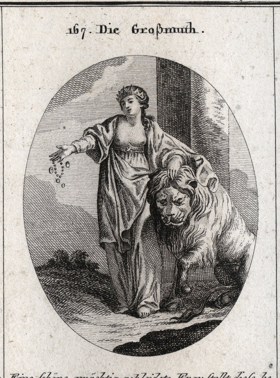Allegory of the generosite bearing a golden crown on the head and chest uncovered, designating the nobility of feelings and sincerite of the heart. She presents jewels and gold in one hand and the other rests on a lion lying peacefully at her feet. Engravi av Austrian School