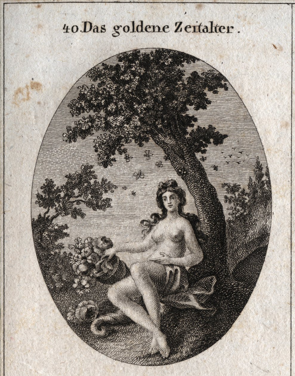Allegory of the golden age represents with a horn of abundance of fruit, sitting beside an olive tree symbol of peace in the midst of which is a swarm of bees. Engraving in “” Iconologie oder Ideen aus dem Gebiete der Leidenschaften und Allegorien bildich  av Austrian School