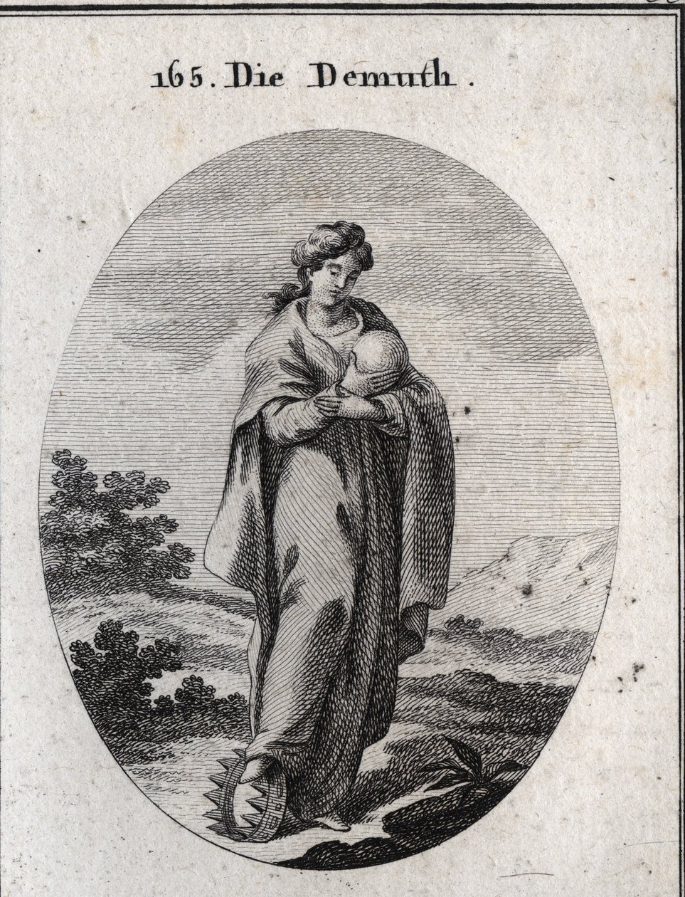 Allegori om ydmykheten. Under foten hans, en krone av gull beriket med edelstener. Hun dedain vurderer en ball som representerer jorden som hun savner storheten. Gravering i "" Iconologie oder Ideen aus dem Gebiete der Leidenschaften und Alleg av Austrian School