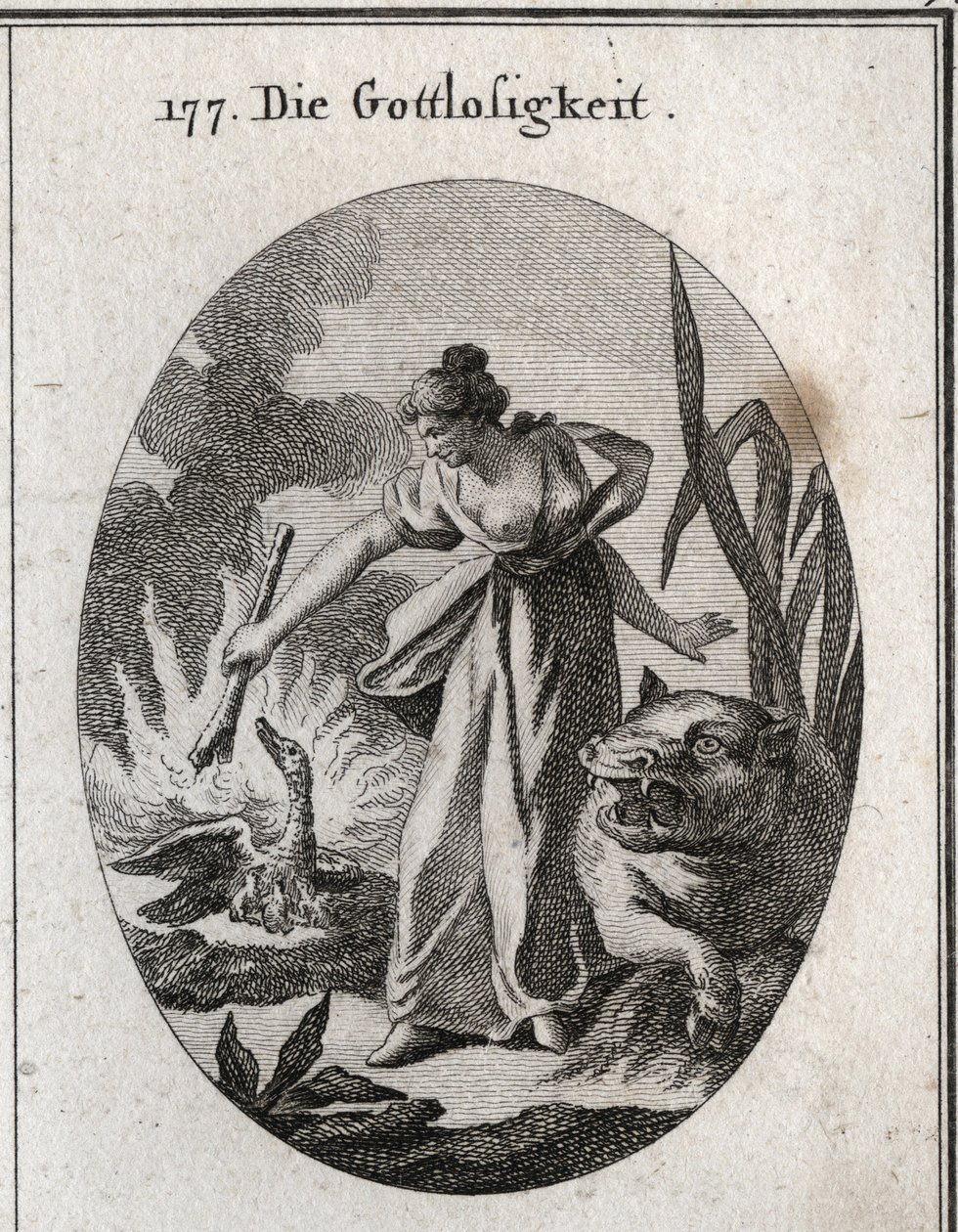 Allegory of the impiete holding a torch from which she burns a pelican in her nest with her young. His attribute is the hippo. Engraving in “” Iconologie oder Ideen aus dem Gebiete der Leidenschaften und Allegorien bildich dargestellt fur Zeichner, Mahler, av Austrian School