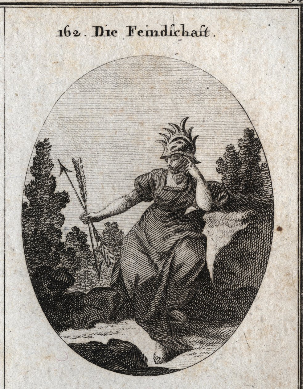Allegory of the inimite with a helmet trimmed with iron tips. Her dress is strewn with flames. The two arrows she holds to the opposite are synonymous with contradiction. Engraving in “” Iconologie oder Ideen aus dem Gebiete der Leidenschaften und Allegori av Austrian School