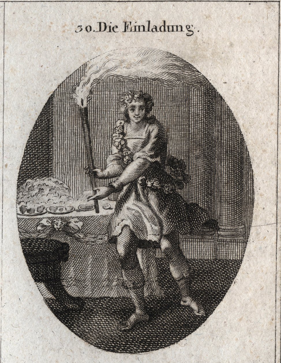 Allegory of the invitation as a young man with a laughing face inviting to a table covered with dishes. The torch he holds is the attribute of Comus, god of feasts and night parties. Engraving in “” Iconologie oder Ideen aus dem Gebiete der Leidenschaften  av Austrian School