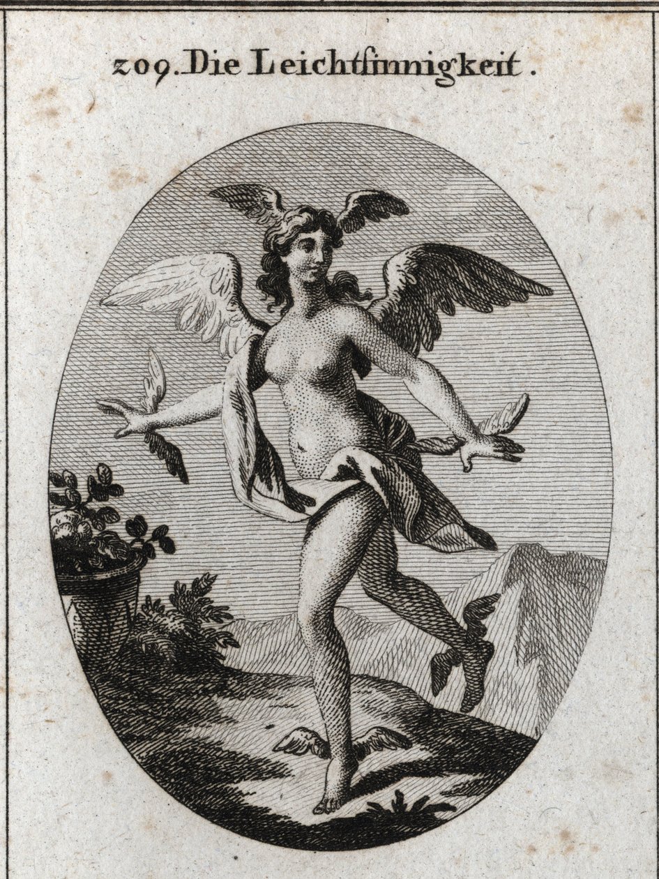 Allegory of the light. She has wings on her head, shoulders, feet and hands. Engraving in “” Iconologie oder Ideen aus dem Gebiete der Leidenschaften und Allegorien bildich dargestellt fur Zeichner, Mahler, Dichter, Gelehrte, Erzieher und freunde Hoherer G av Austrian School
