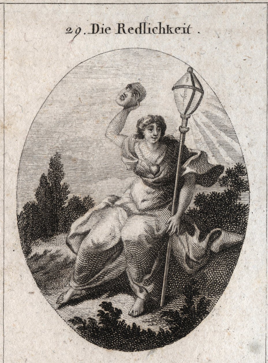 Allegori om loyauten (eller oppriktig) som kaster en maske som er egenskapen til finte og løgn. Emblemet er et kristent lyktsymbol på lynet. Et hjerte er tegnet på brystet hans. Gravering i "" Iconologie oder Ideen aus dem Gebiete der Leidenschaften av Austrian School