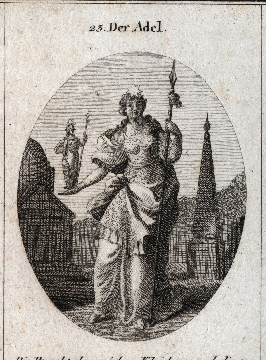 Allegori om adelen. Stjernen betyr heving av følelser. Statuen av Minerva og spydet markerer at den kan oppnå fordelene innen vitenskap og våpen. Gravering i "" Iconologie oder Ideen aus dem Gebiete der Leidenschaften und Allegorien bild av Austrian School