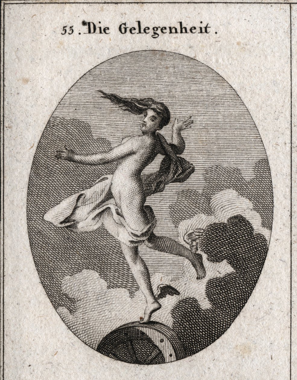 Allegory of the occasion. With wings on the feet and hair forward, it rests slightly on a wheel. Engraving in “” Iconologie oder Ideen aus dem Gebiete der Leidenschaften und Allegorien bildich dargestellt fur Zeichner, Mahler, Dichter, Gelehrte, Erzieher u av Austrian School