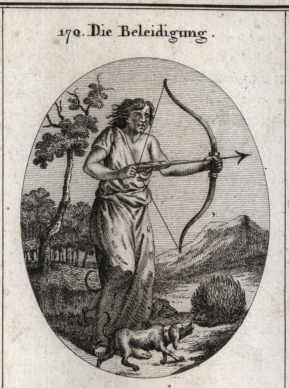 Allegory of the offence in the process of decoding an arrow and whose clothing is filled with tongues and knives. Attack by dogs the herisson that throws his darts means the compulsion to repel the offense by offense. Engraving in “” Iconologie oder Ideen  av Austrian School