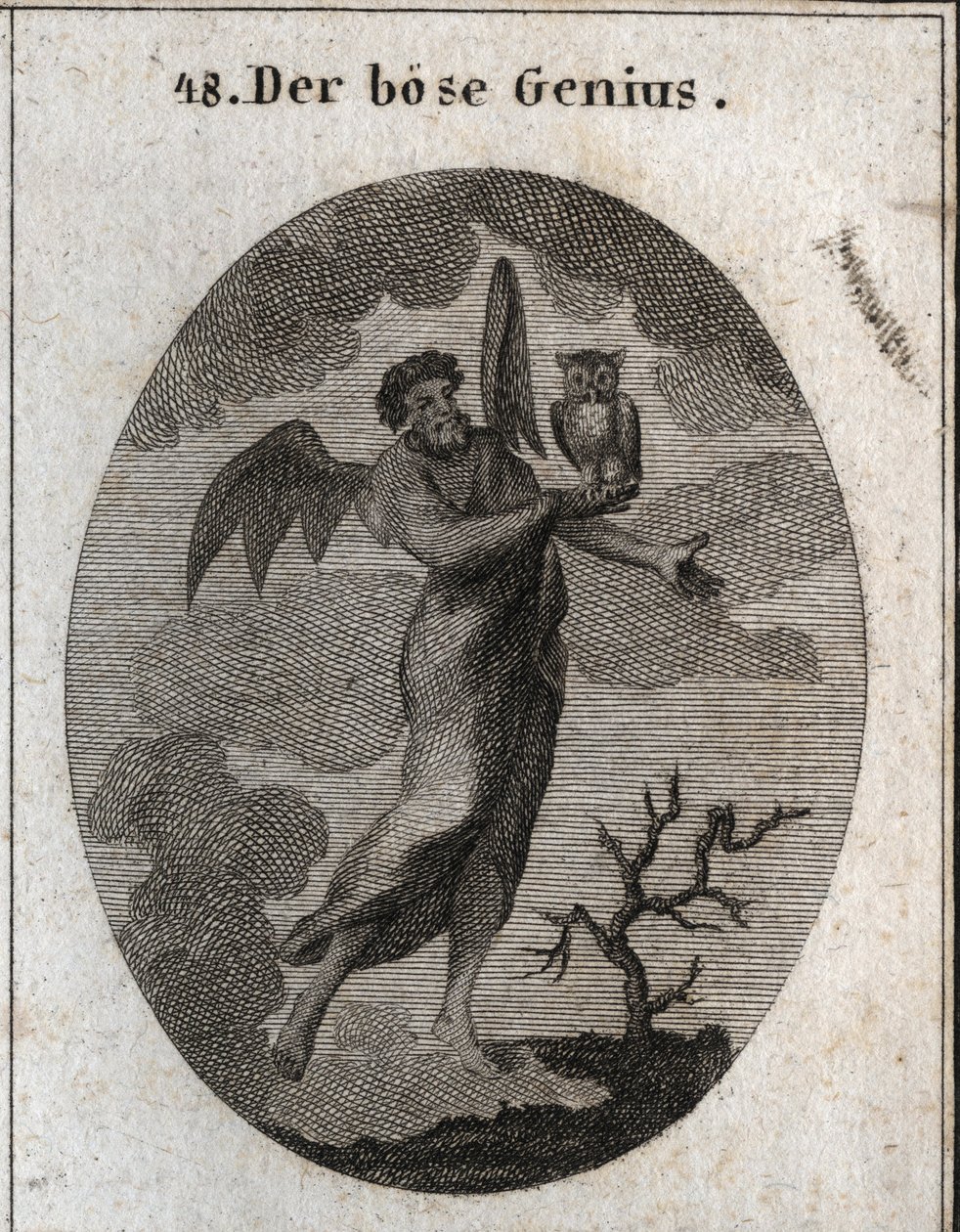 Allegory of the opposite genie represented by a bad genie with bat wings (bat) and holds an owl, bird of bad pressing. Engraving in “” Iconologie oder Ideen aus dem Gebiete der Leidenschaften und Allegorien bildich dargestellt fur Zeichner, Mahler, Dichter av Austrian School