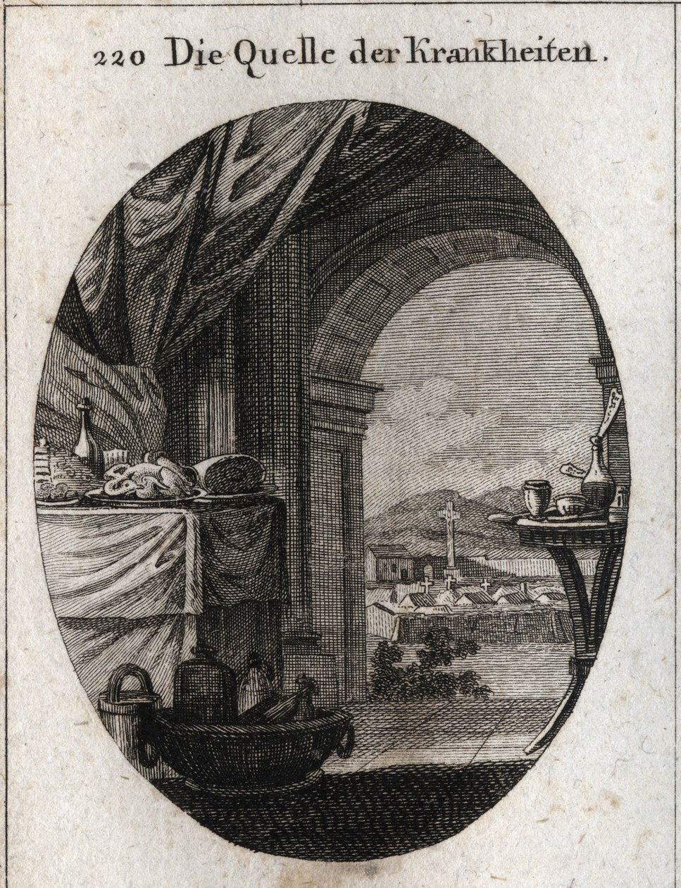 Allegory of the origin of diseases. Seneque, hating the exces of the treats of his time, said one day: “Do you wonder you may see unnumbered diseases? Think there are also an infinite number of cooks.” Engraving in “” Iconologie oder Ideen aus dem Gebiete  av Austrian School