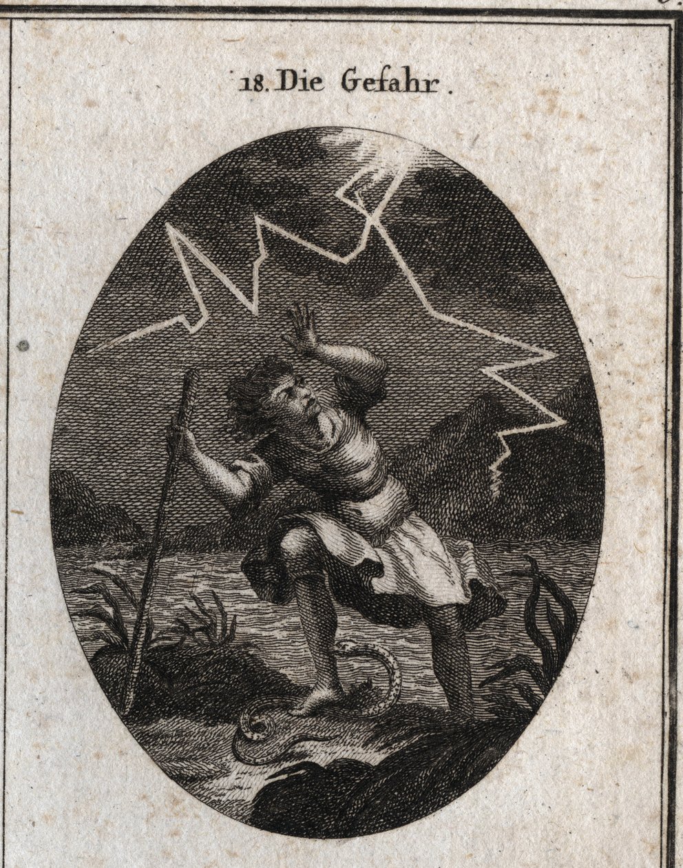 Allegori om faren representert av en ung mann som rømmer fra en rask strøm ved å sette foten på en slange som stikker ham og samtidig slo en torden bak ham. Gravering i "" Iconologie oder Ideen aus dem Gebiete der Leidenschaften und Allego av Austrian School