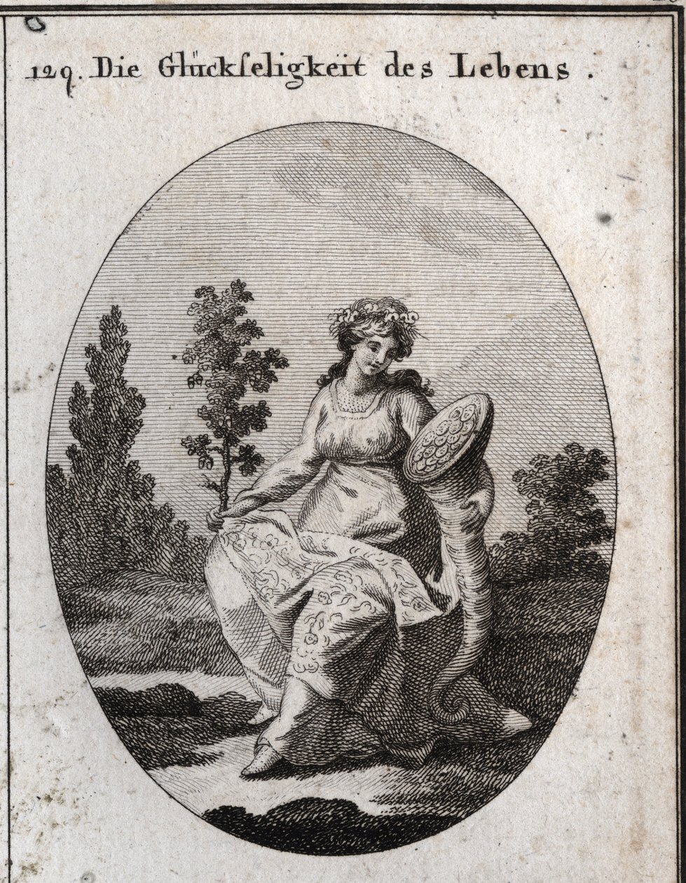Allegory of the prosperity of life. richly clothed and crowned with grapes and attributes of wealth and abundance. The oak branch filled with leaves and fruit means health but also solidify and incorruptibilite. Engraving in “” Iconologie oder Ideen aus de av Austrian School
