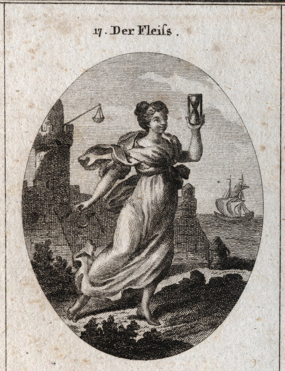 Allegory of the represented diligence walking fast. Its attributes are the sand clock (hourglass) and the spur symbol of activity and accuracy. Engraving in “” Iconologie oder Ideen aus dem Gebiete der Leidenschaften und Allegorien bildich dargestellt fur  av Austrian School