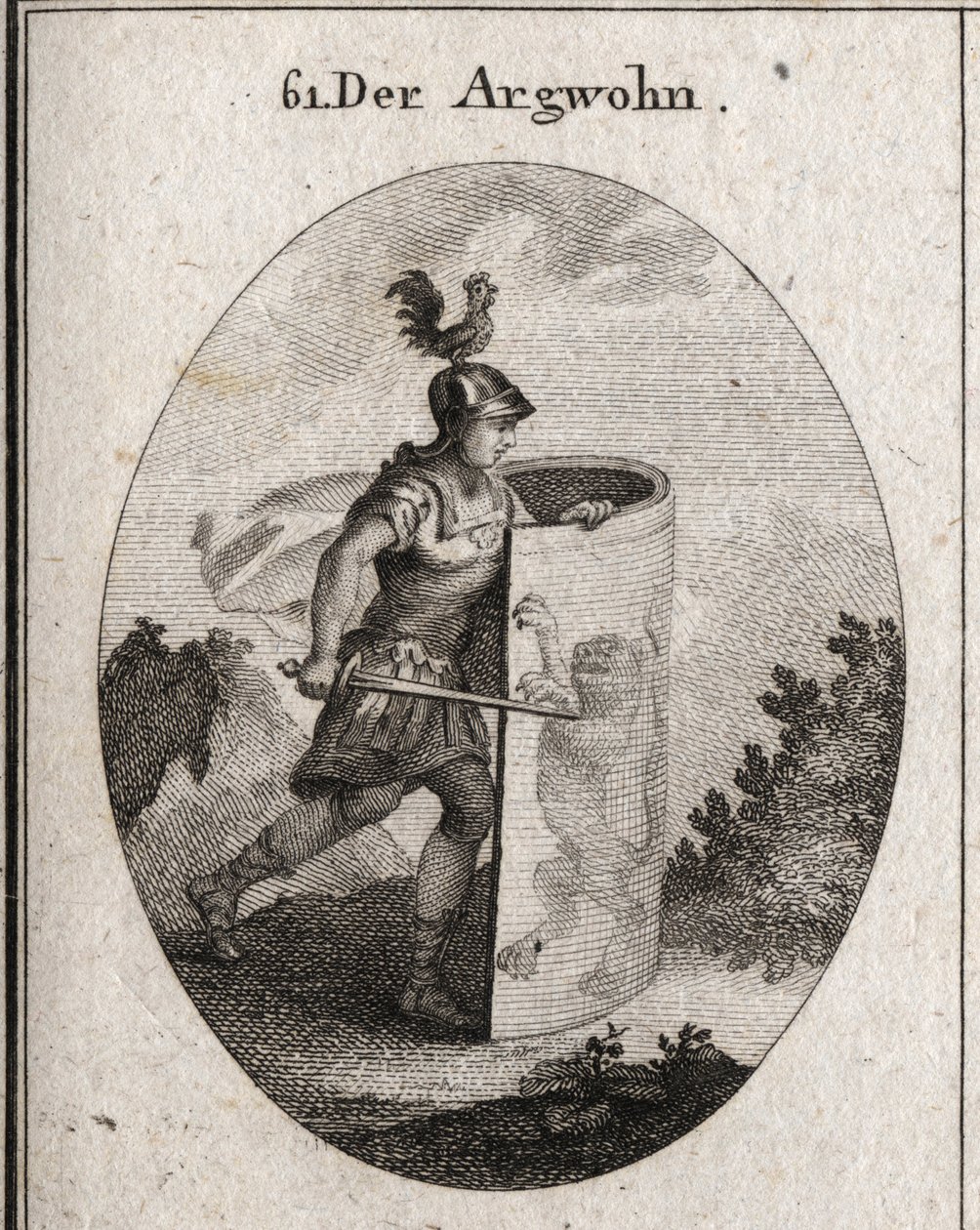 Allegory of the suspicion cuts behind a shield on which stands a lion, symbol of the suspicion according to aristotle, and a rooster on the helmet that represents vigilance. Engraving in “” Iconologie oder Ideen aus dem Gebiete der Leidenschaften und Alleg av Austrian School