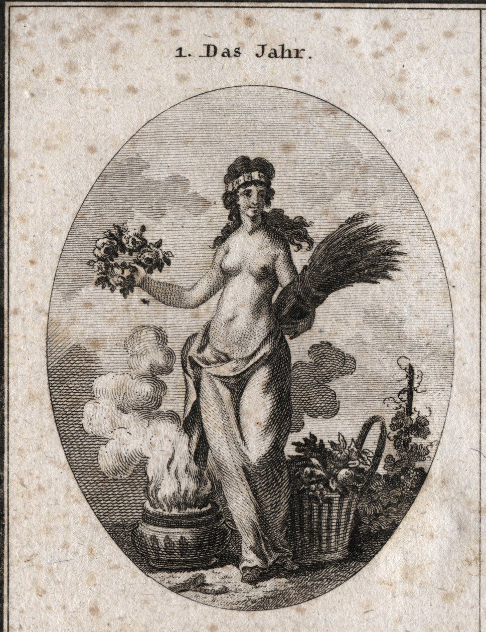 Årets allegori omgitt av symboler fra de fire årstidene (blomsterkrans for våren, hvetekrans for sommeren, grunnkurv for høsten og ildvase for vinteren). Året er halvt disdressed i referanse til grader av varme og kulde med av Austrian School