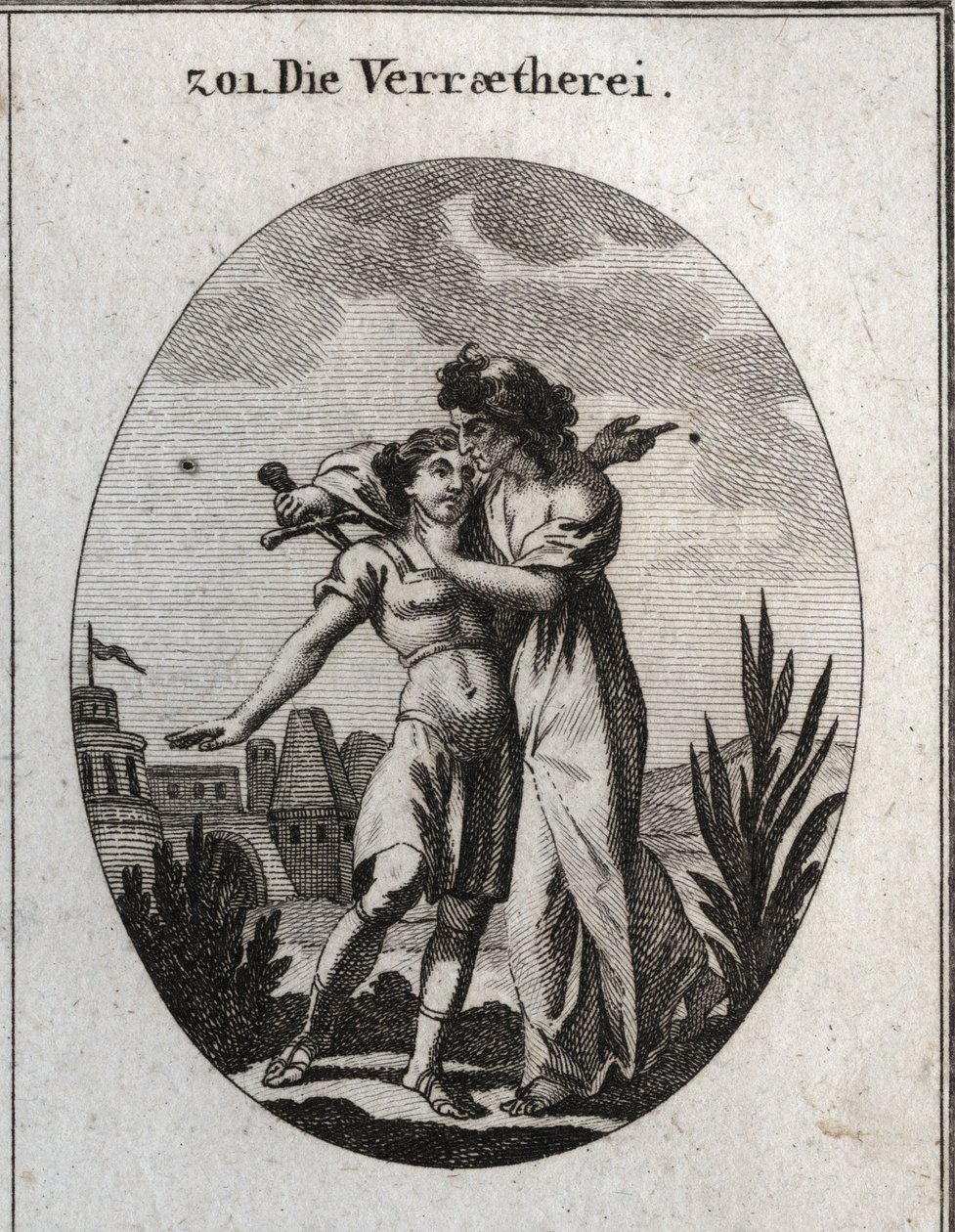 Allegory of treason. An awful old woman caresses a handsome young man and at the same time prepares to stab him. Engraving in “” Iconologie oder Ideen aus dem Gebiete der Leidenschaften und Allegorien bildich dargestellt fur Zeichner, Mahler, Dichter, Gele av Austrian School