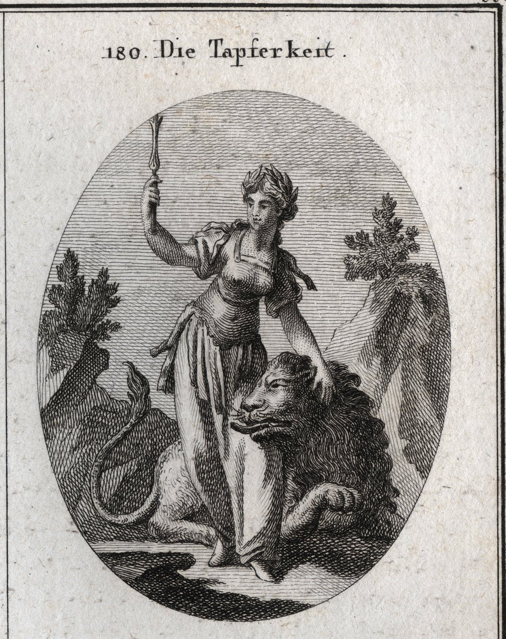 Allegory of value, crowned with laurel, she caresses a lion tame by her. The high scepter means that her courage makes her worthy of command. Engraving in “” Iconologie oder Ideen aus dem Gebiete der Leidenschaften und Allegorien bildich dargestellt fur Ze av Austrian School