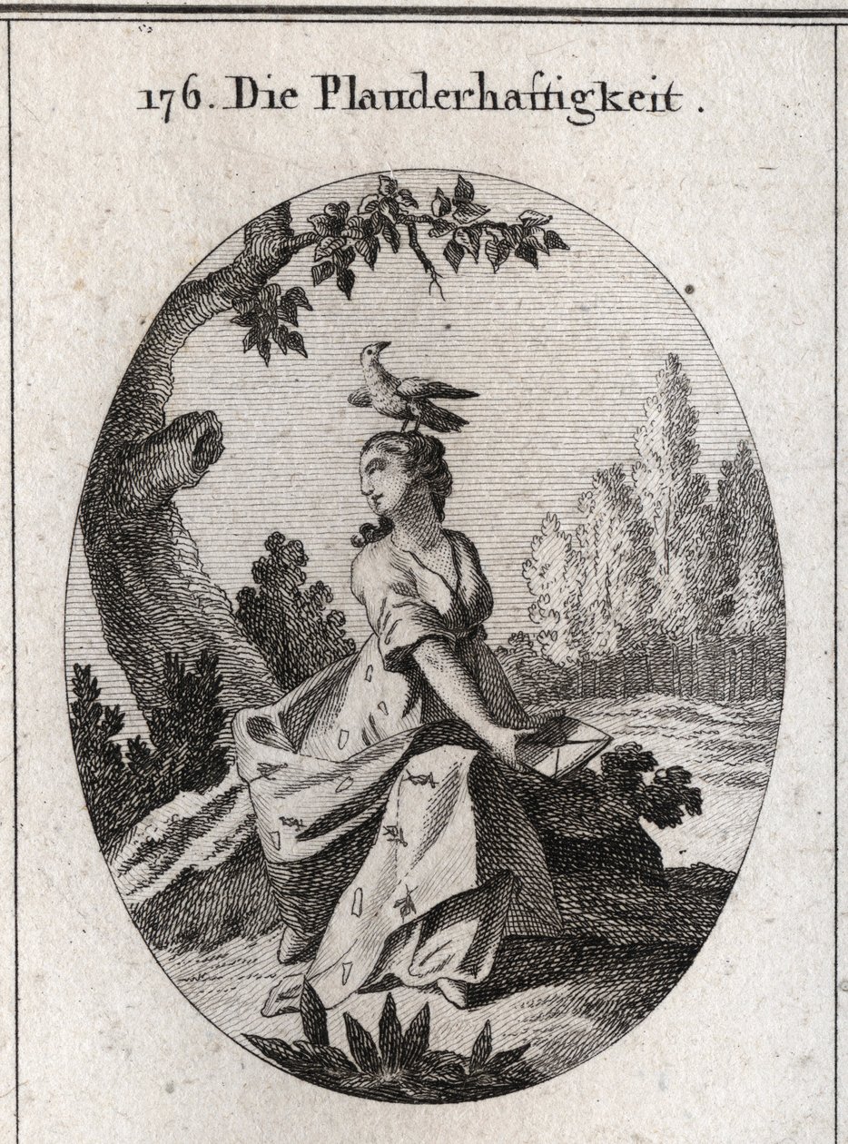 Babylon allegori. Draperiet er fylt med sikader og tunger. Hans egenskap er kråken. Gravering i "" ikonologi eller ideer fra feltet lidenskaper og allegorier avbildet for tegnere, malere, poeter, lærde, lærere og frilansere av Austrian School